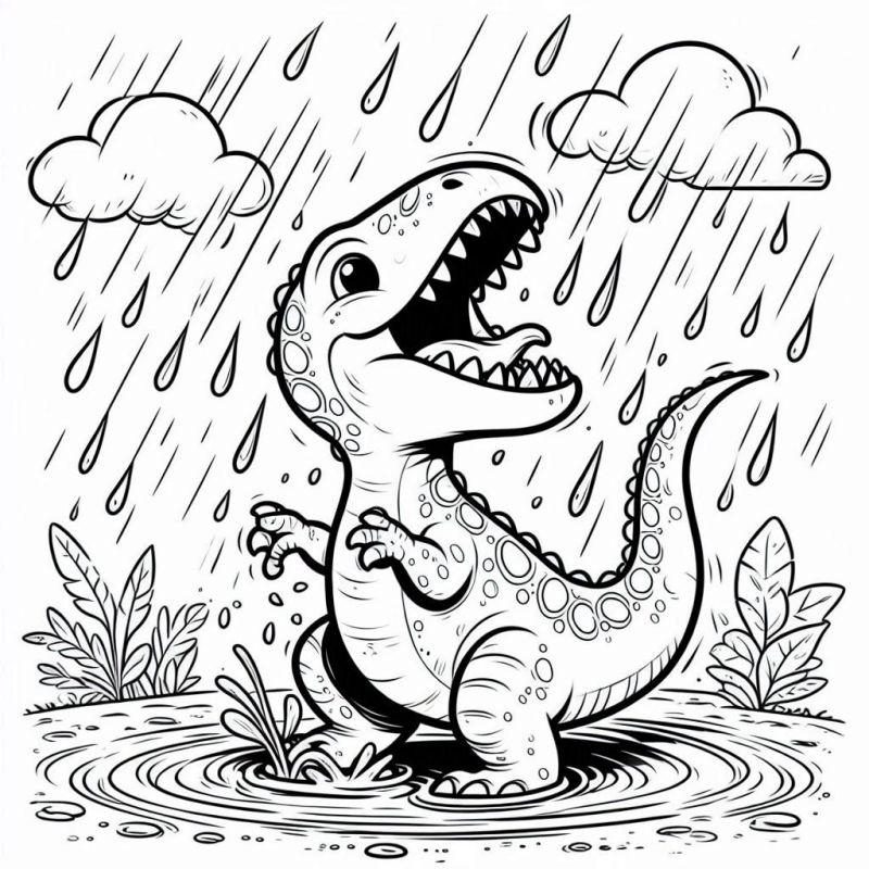 Desenho de Dinossauro Caricato na Chuva para Colorir