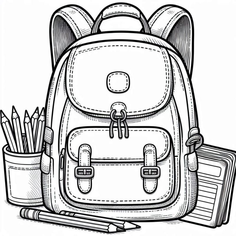 Desenho de materiais escolares para colorir com mochila, lápis e caderno