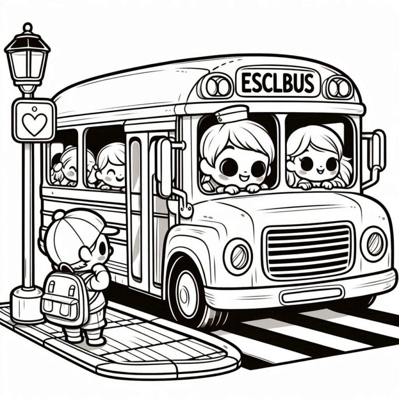 Desenho de ônibus escolar para colorir com crianças sorrindo nas janelas