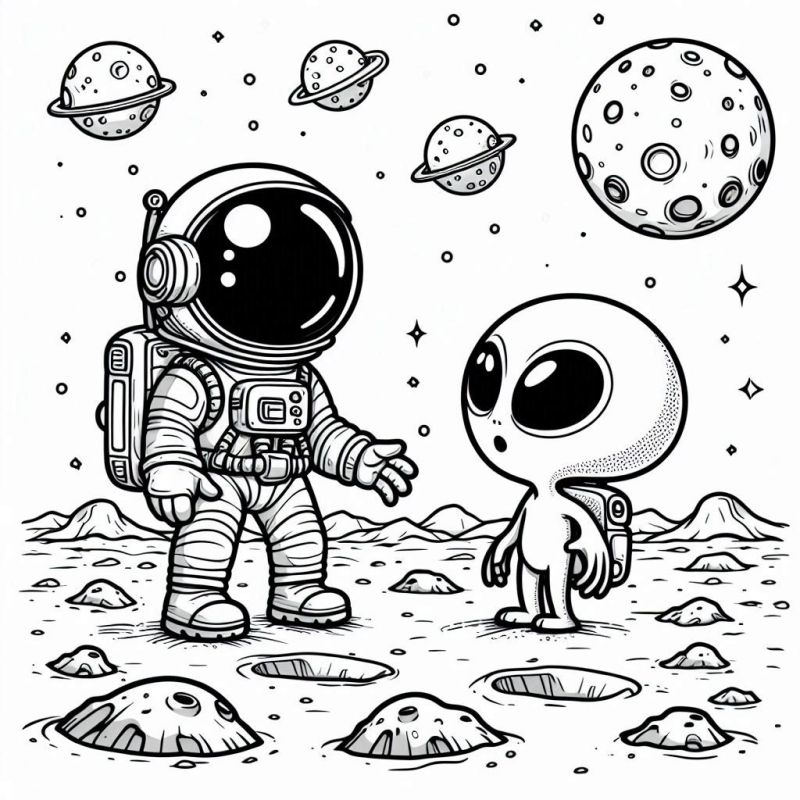 Astronauta e Alienígena na Lua, Desenho em Preto e Branco para Colorir