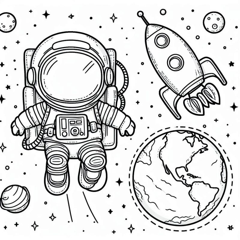 Desenho de Astronauta, Foguete e Terra para Colorir