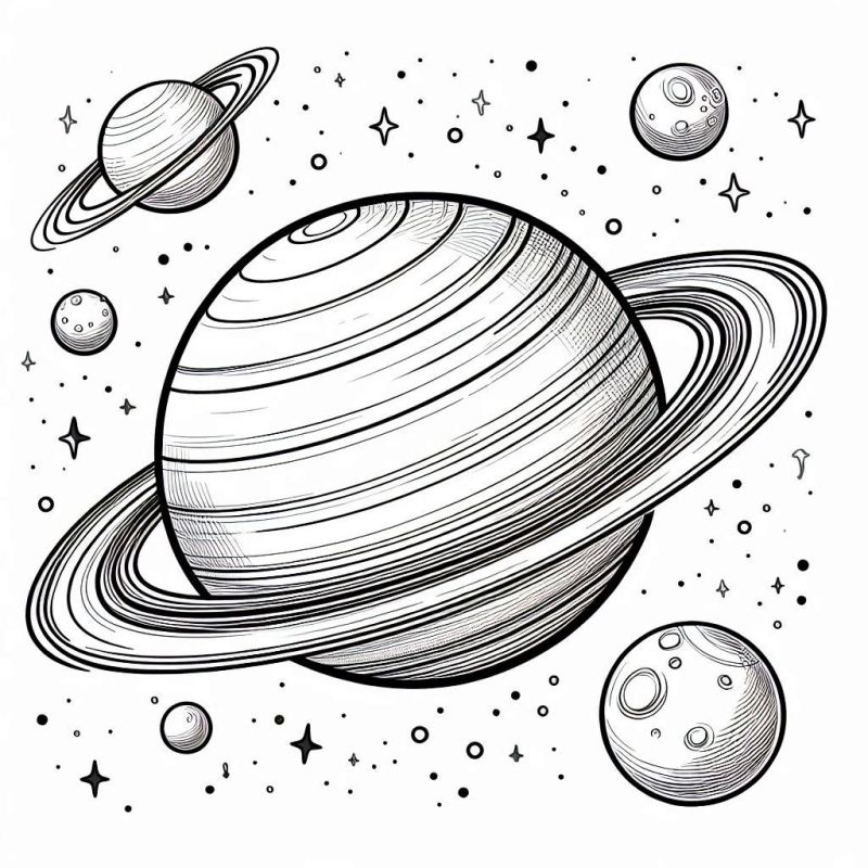 Desenho em preto e branco de um cenário espacial com planetas e anéis para colorir