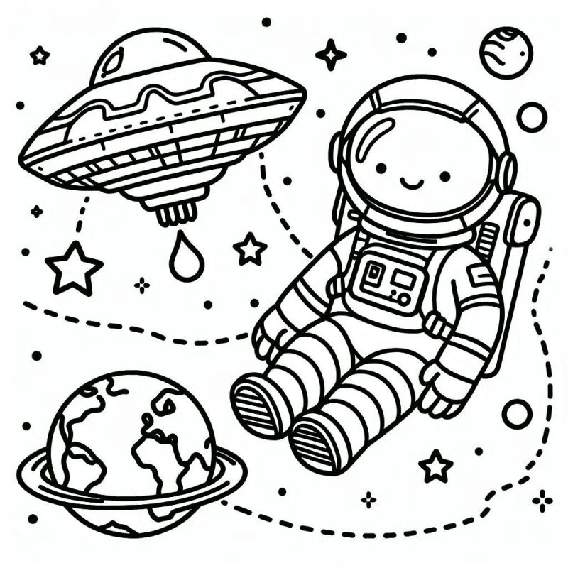 Divertido Desenho de Astronauta no Espaço para Colorir