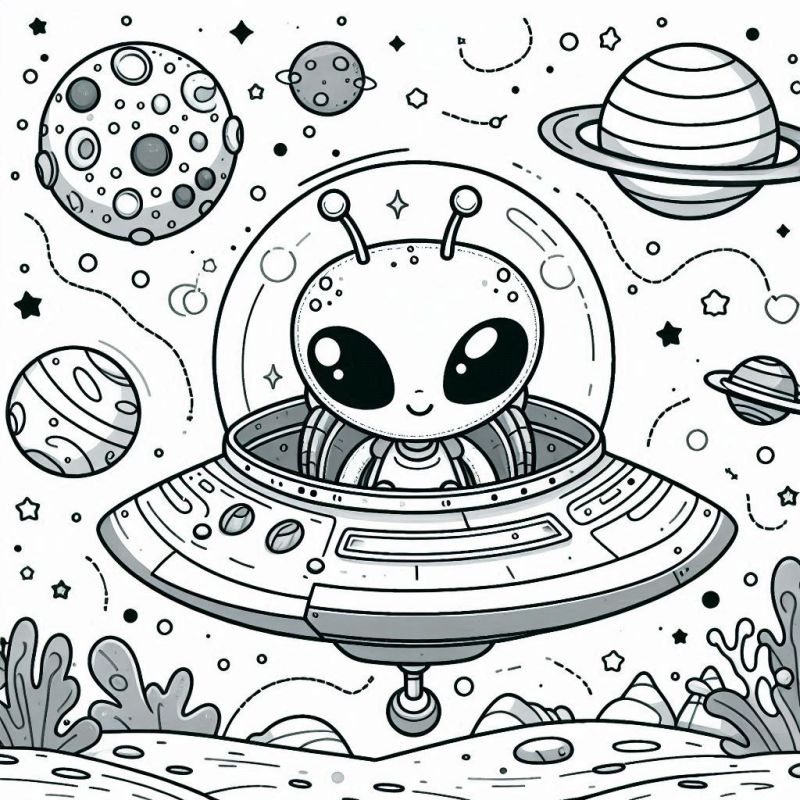 Desenho de um Extraterrestre Fofo no Espaço Sideral para Colorir