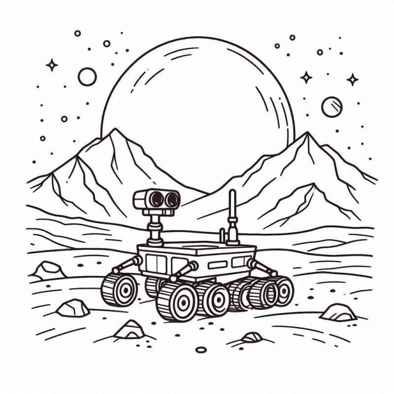 Desenho de uma paisagem espacial com rover, montanhas e planetas para colorir