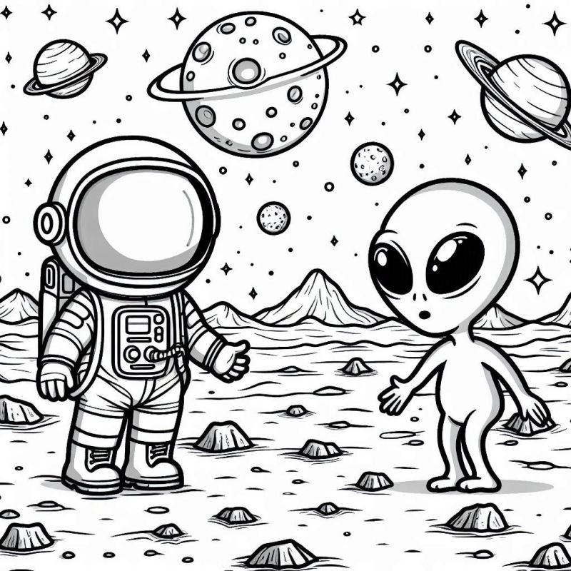 Astronauta e Alienígena em um planeta com céu estrelado e planetas