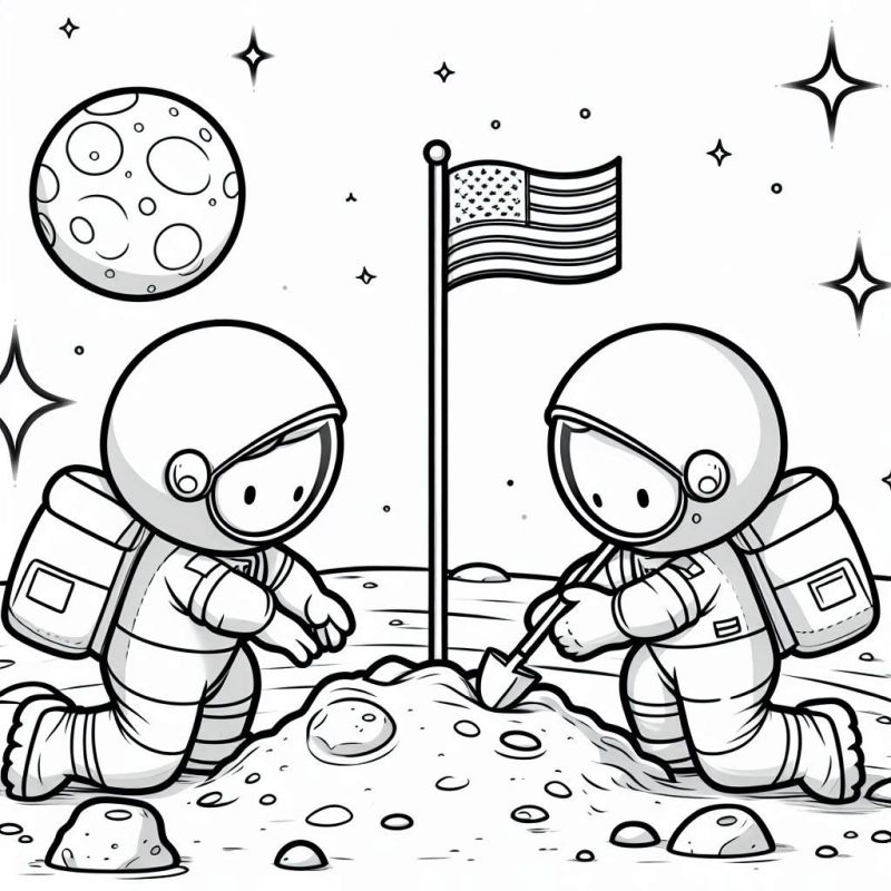 Dois astronautas na superfície lunar com bandeira americana e estrelas ao fundo