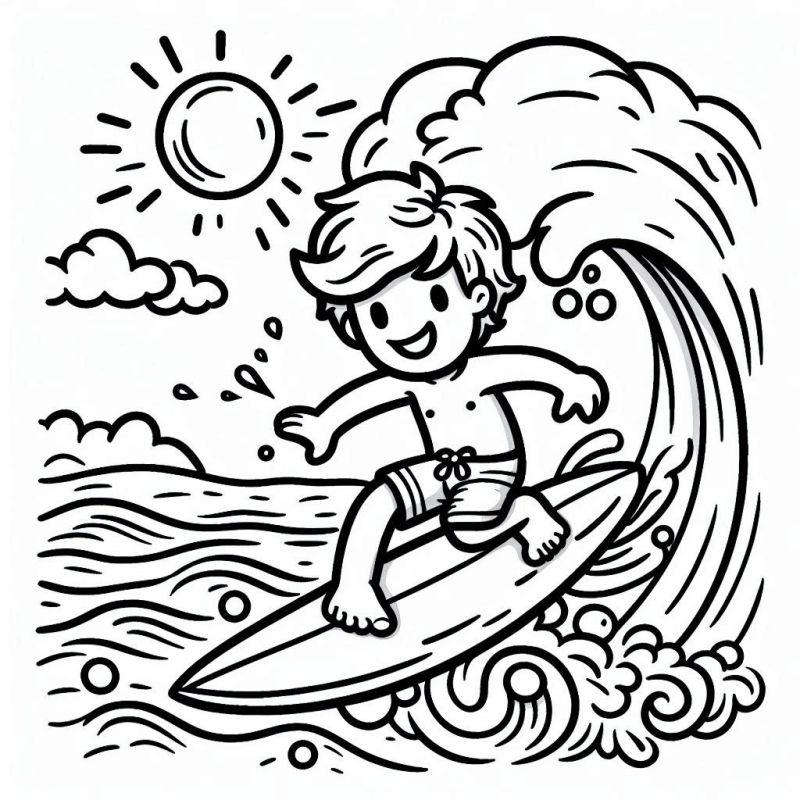 Garoto Surfando em Onda Grande: Desenho para Colorir