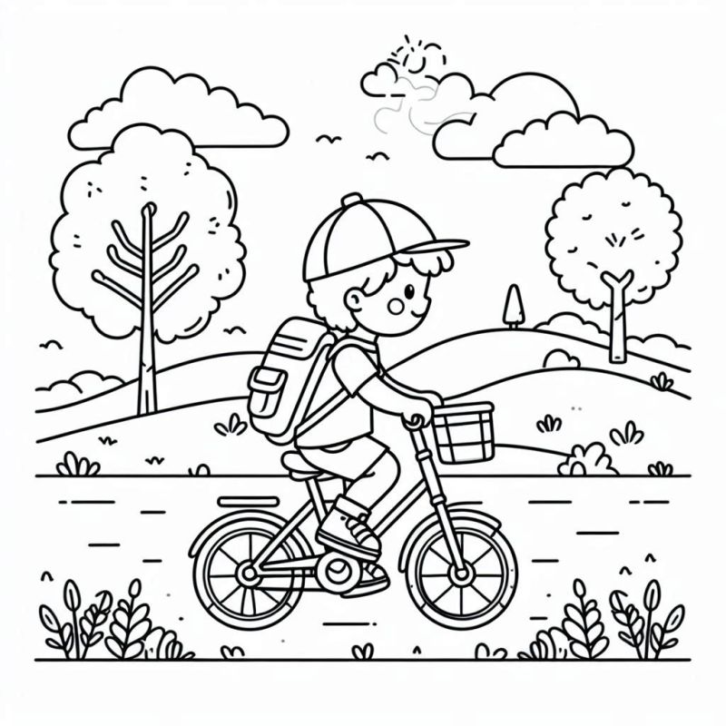 Desenho de criança andando de bicicleta em meio à natureza para colorir