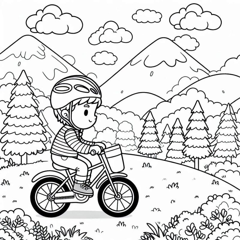 Desenho de um menino andando de bicicleta em um ambiente natural para colorir