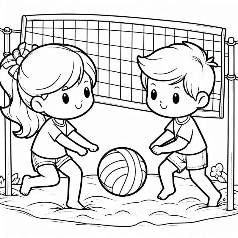 Desenho kawaii de menino e menina jogando vôlei de praia para colorir