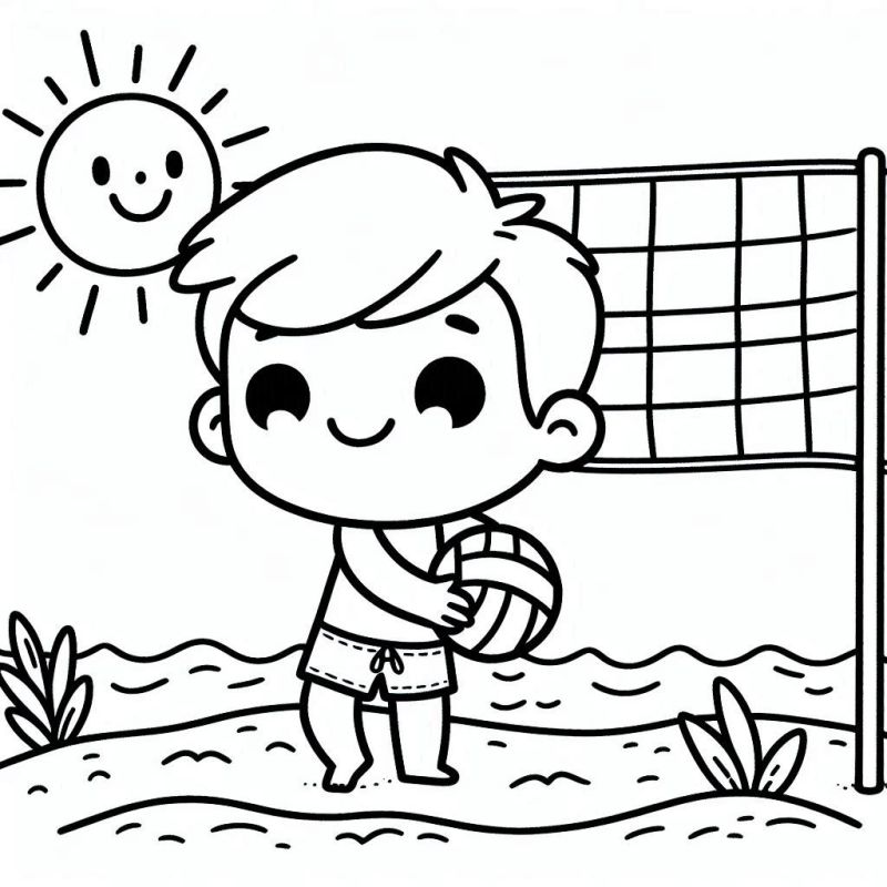 Desenho de uma criança feliz jogando vôlei de praia para colorir