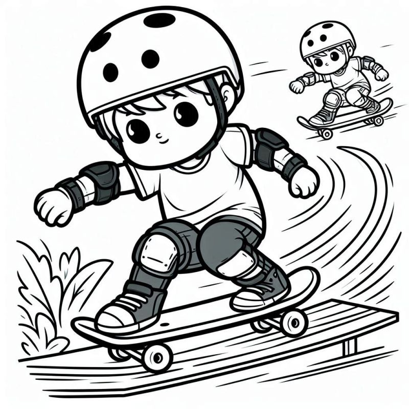 Desenho de crianças andando de skate para colorir