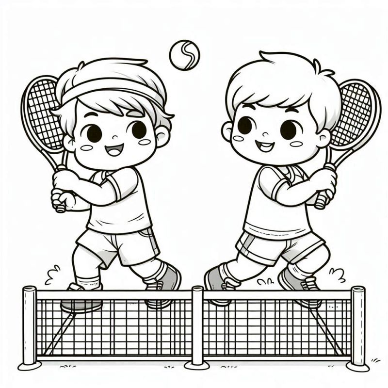 Desenho para colorir de dois meninos jogando tênis