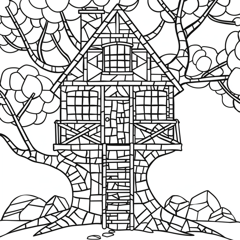 Desenho de casa na árvore em estilo vitrais para colorir