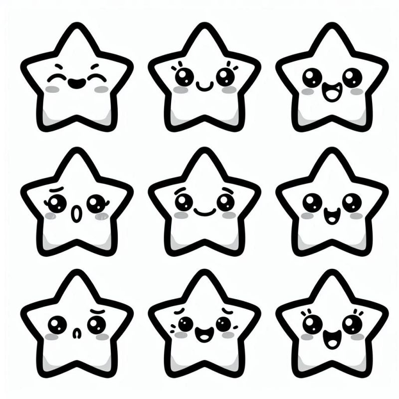 Desenho de estrelas fofas com expressões humanas prontas para colorir, ideal para todas as idades.