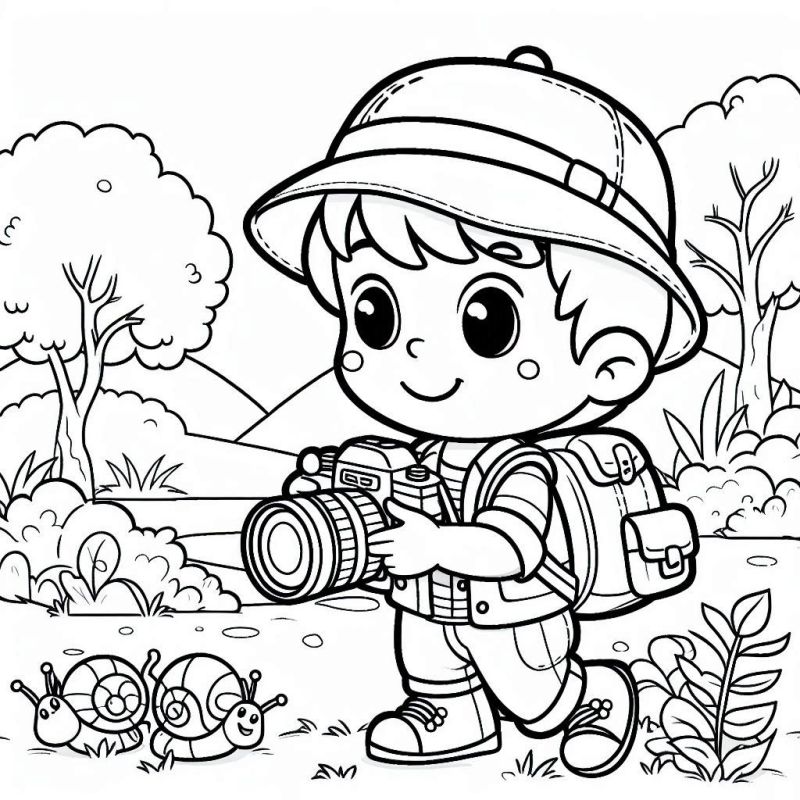 Desenho de Pequeno Explorador na Natureza para Colorir