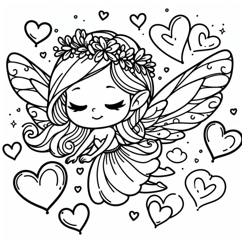 Desenho detalhado de fada com asas grandes e coroa de flores para colorir