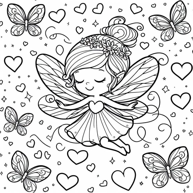 Desenho de uma fada com borboletas e corações para colorir