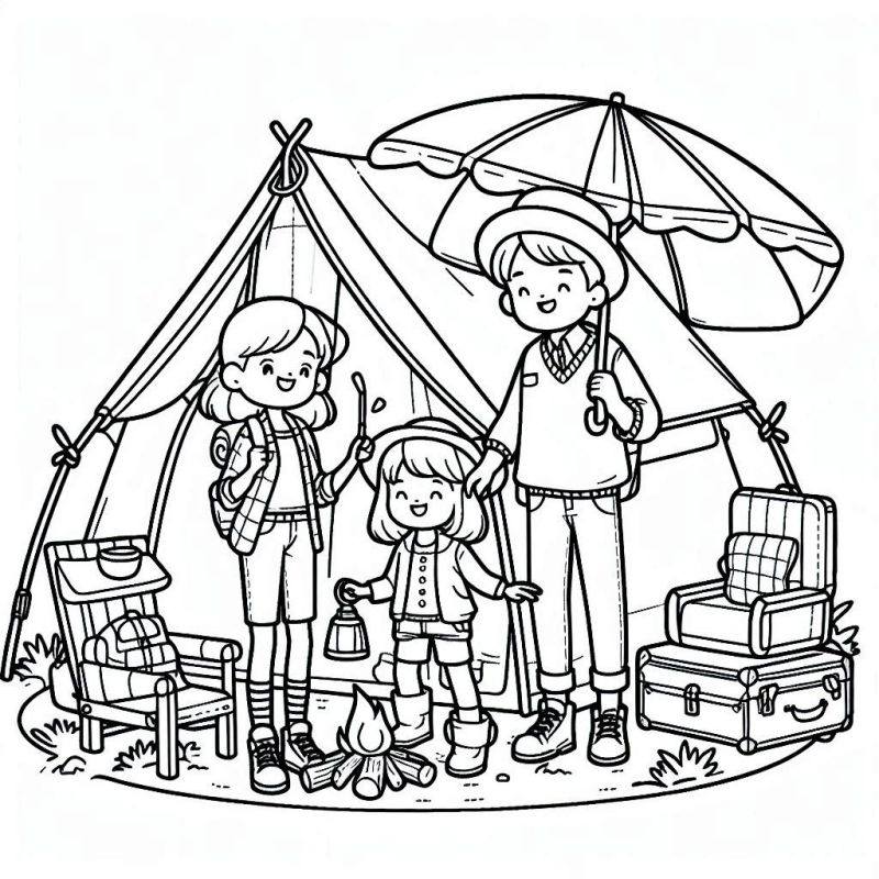 Desenho de acampamento em família para colorir com barraca e personagens