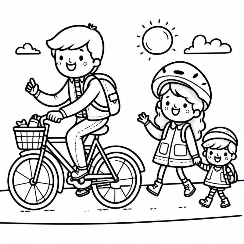 Desenho de família unida ao ar livre com bicicleta, crianças e sol sorridente.