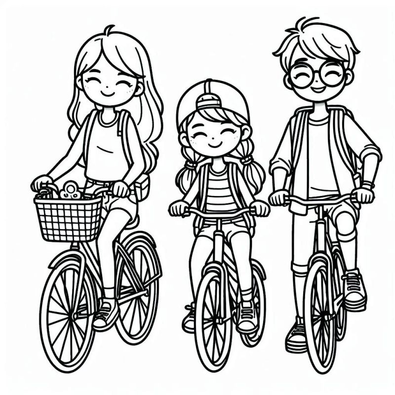 Desenho de família pedalando de bicicleta para colorir