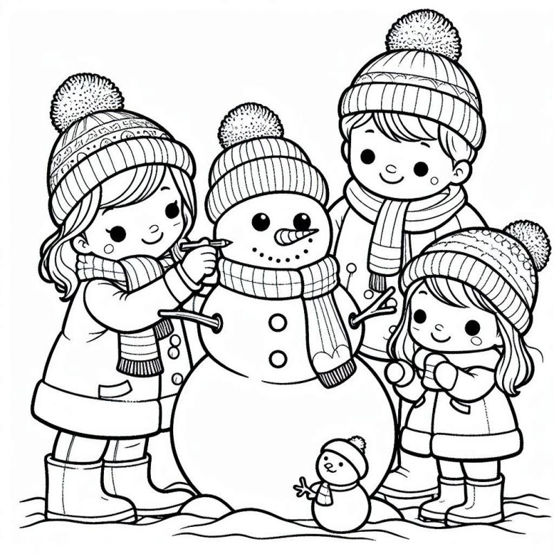 Cena de inverno com boneco de neve e família sorridente ao redor