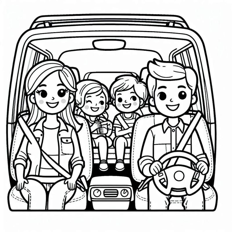 Família Feliz em Passeio de Carro para Colorir