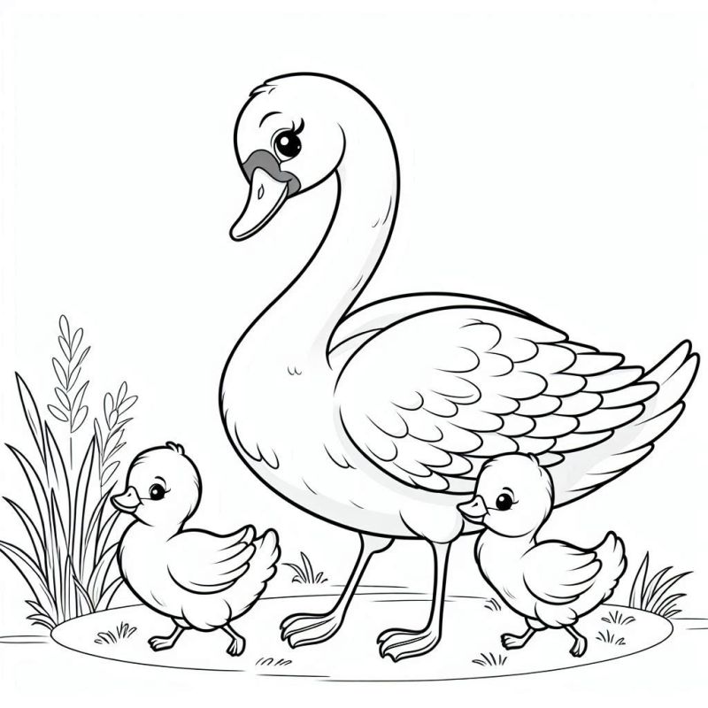 Desenho de um cisne adulto com filhotes para colorir