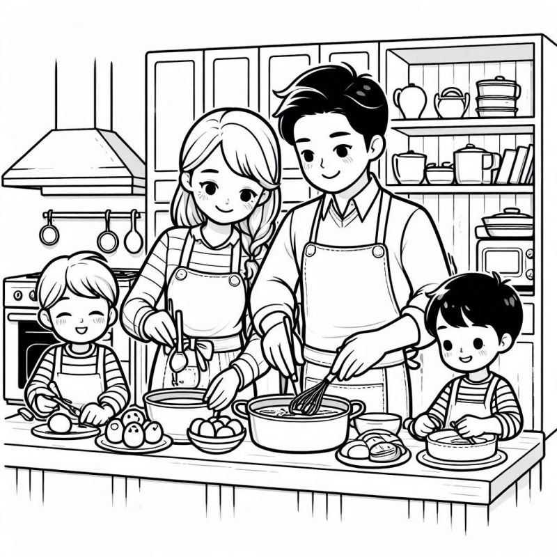 Desenho de Família na Cozinha: Cena de União e Diversão