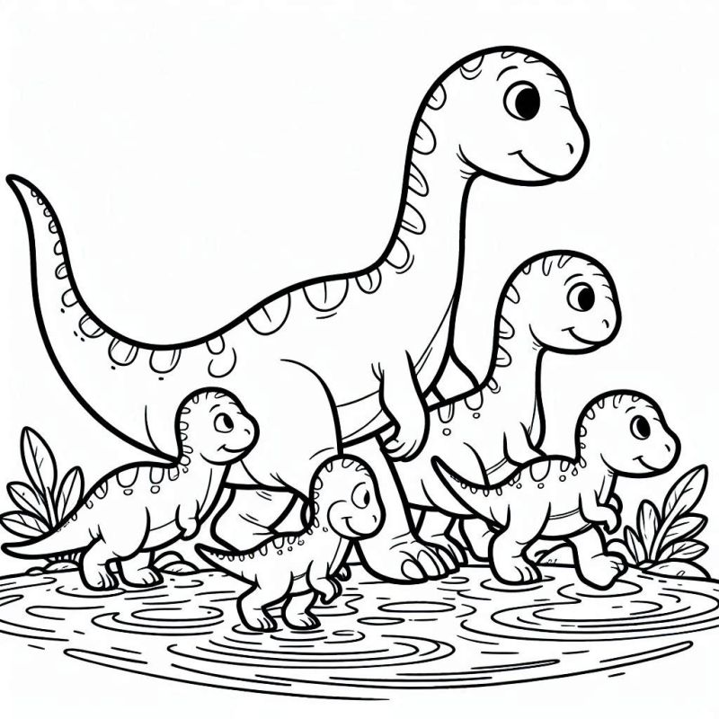 Desenho de Dinossauros em Família Caminhando para Colorir