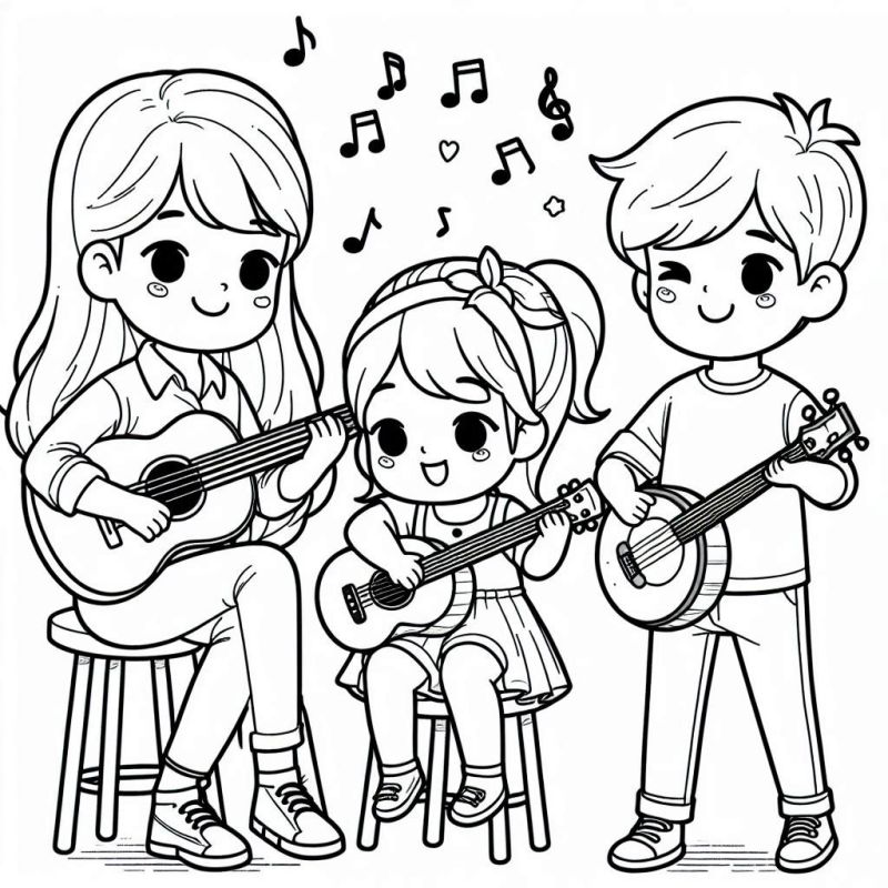 Desenho de Família Alegre Tocando Música