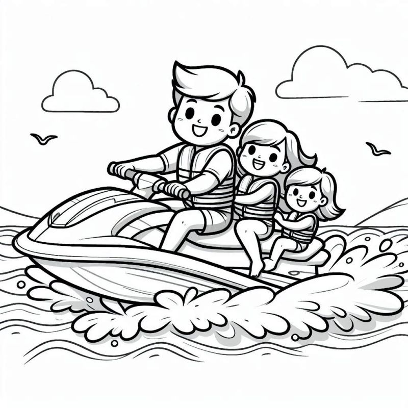 Família se divertindo em um jet ski para colorir