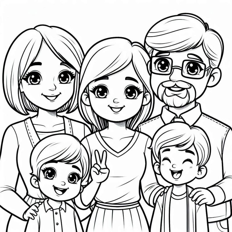 Desenho de uma família feliz para colorir com cinco personagens: dois adultos e três crianças.