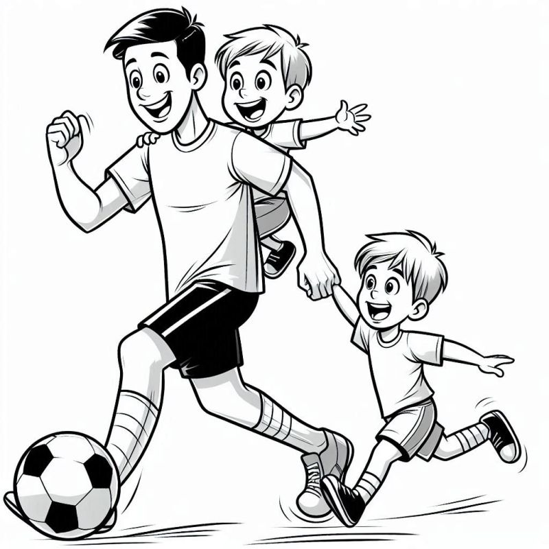 Desenho de Pai Jogando Futebol com Filhos para Colorir