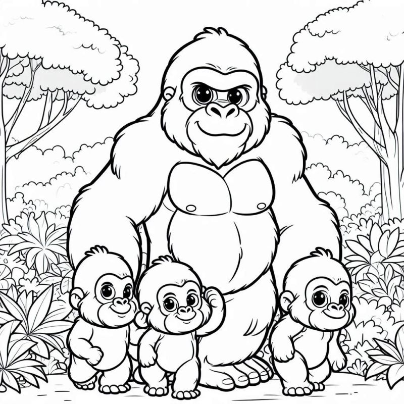 Desenho de uma família de gorilas na floresta africana para colorir