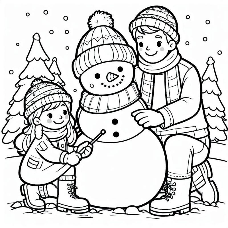 Desenho de Inverno: Família e Boneco de Neve