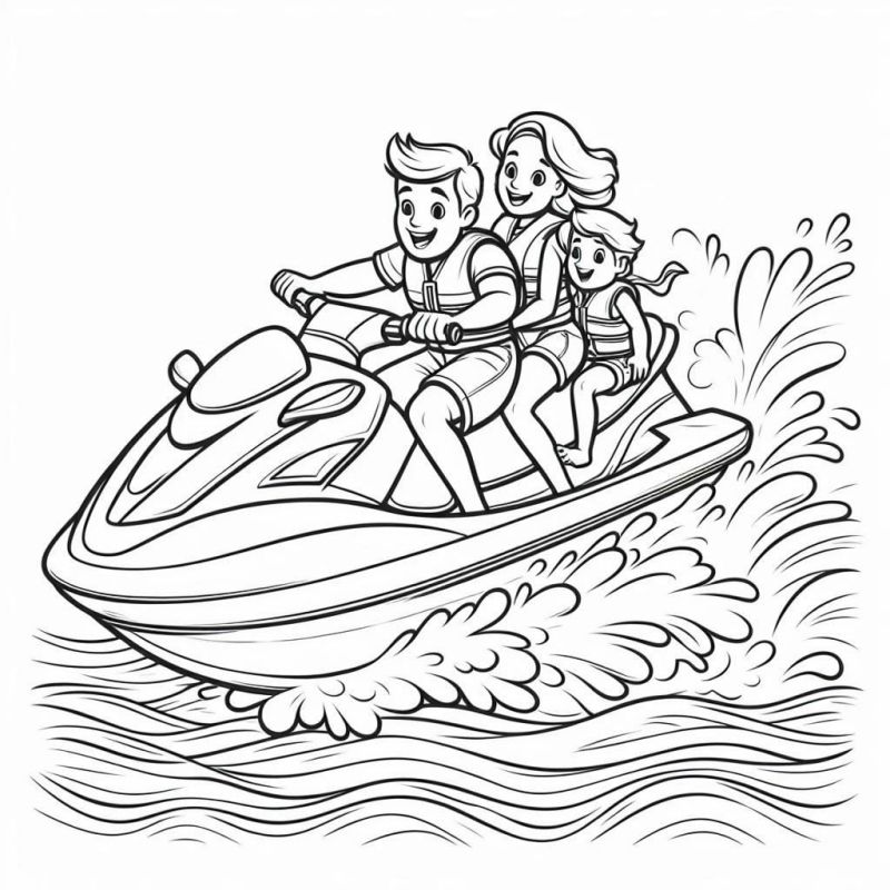 Desenho de Família em Jet-Ski para Colorir