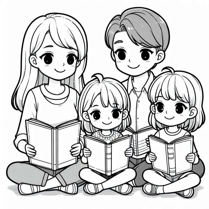 Desenho de Família Lendo Juntos para Colorir