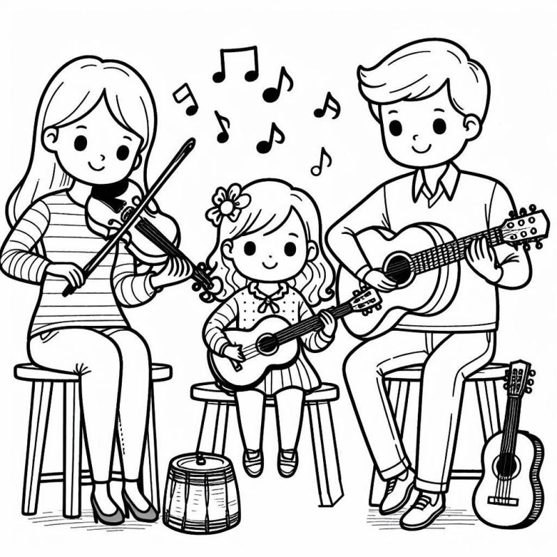 Família Feliz Tocando Música: Desenho para Colorir