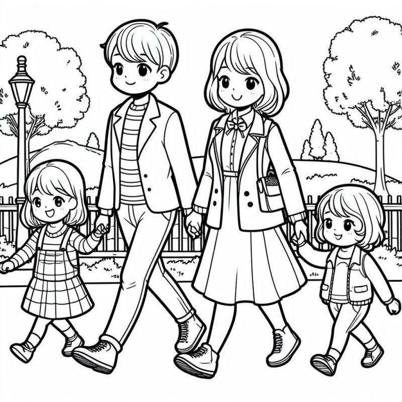 Desenho de uma família caminhando no parque para colorir