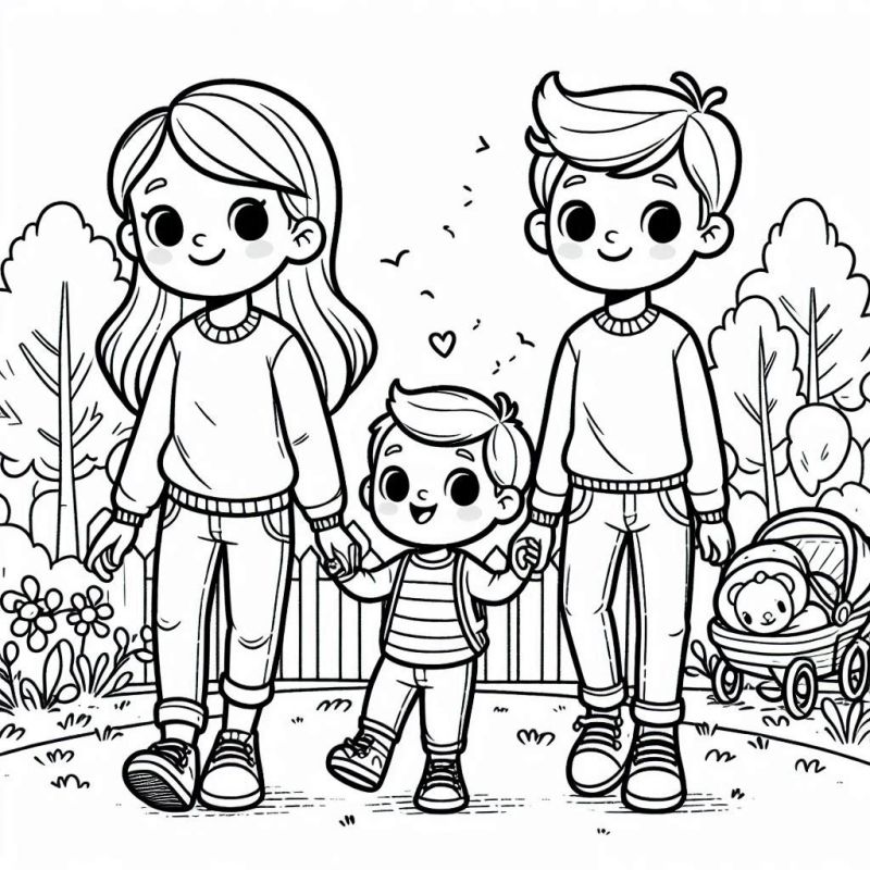 Desenho para Colorir: Família Caminhando no Parque