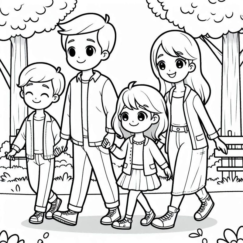 Desenho de família passeando no parque com adultos e crianças para colorir