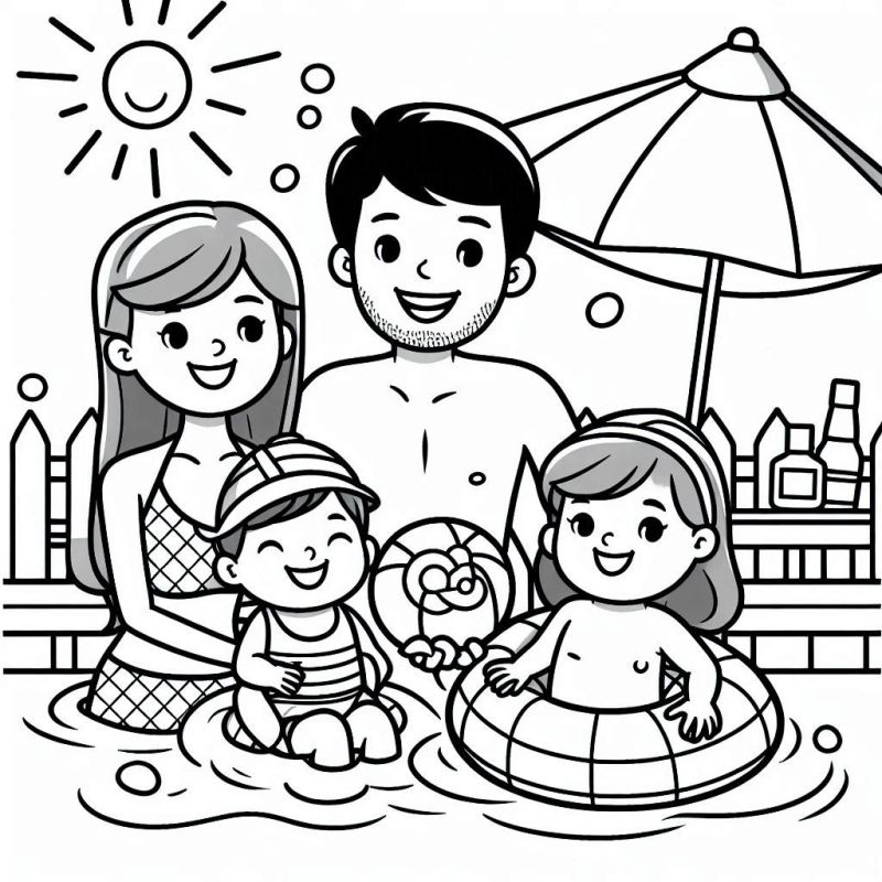 Desenho de Família se Divertindo na Piscina para Colorir