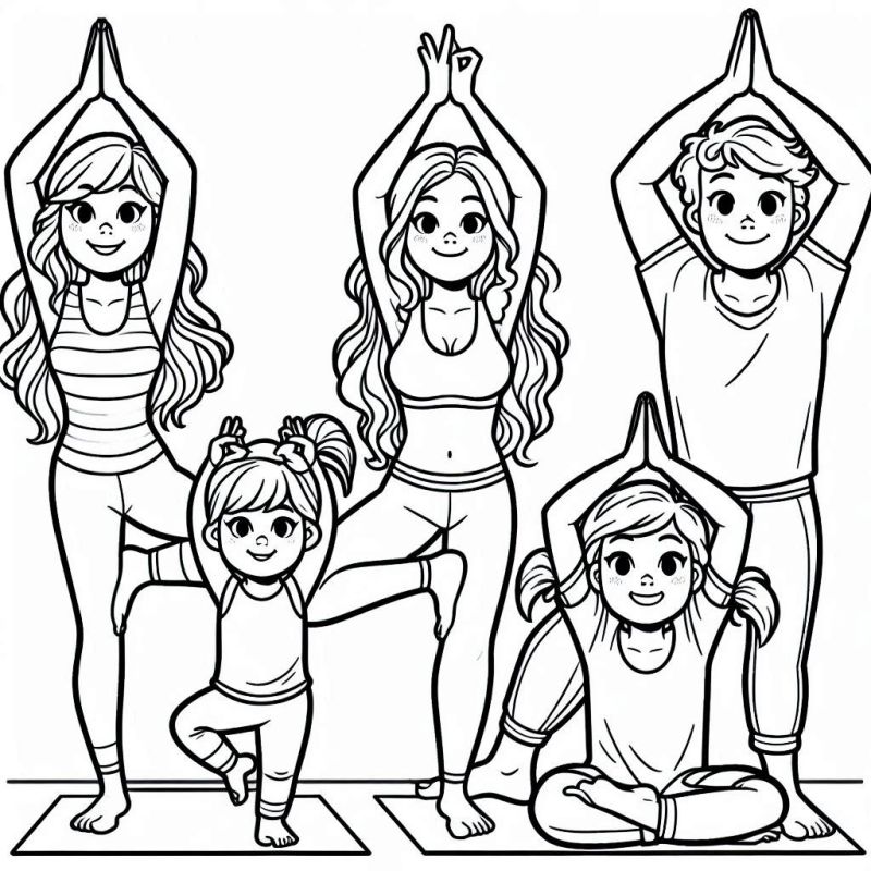 Desenho de uma família praticando yoga para colorir