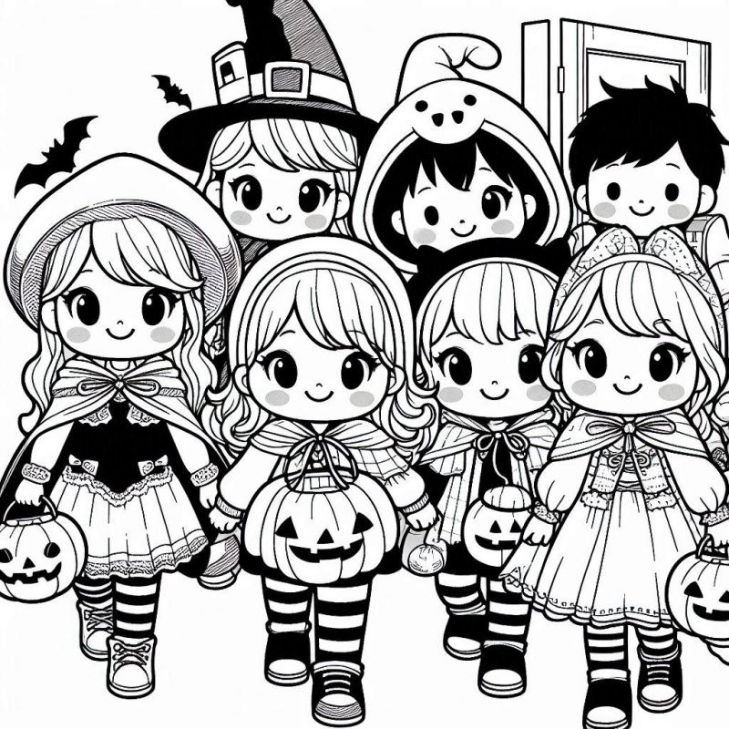 Desenho de sete crianças em fantasias de Halloween para colorir