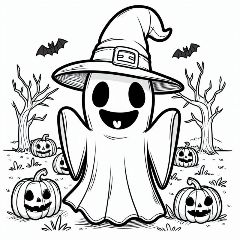 Desenho de Fantasma de Halloween com Chapéu de Bruxa e Abóboras