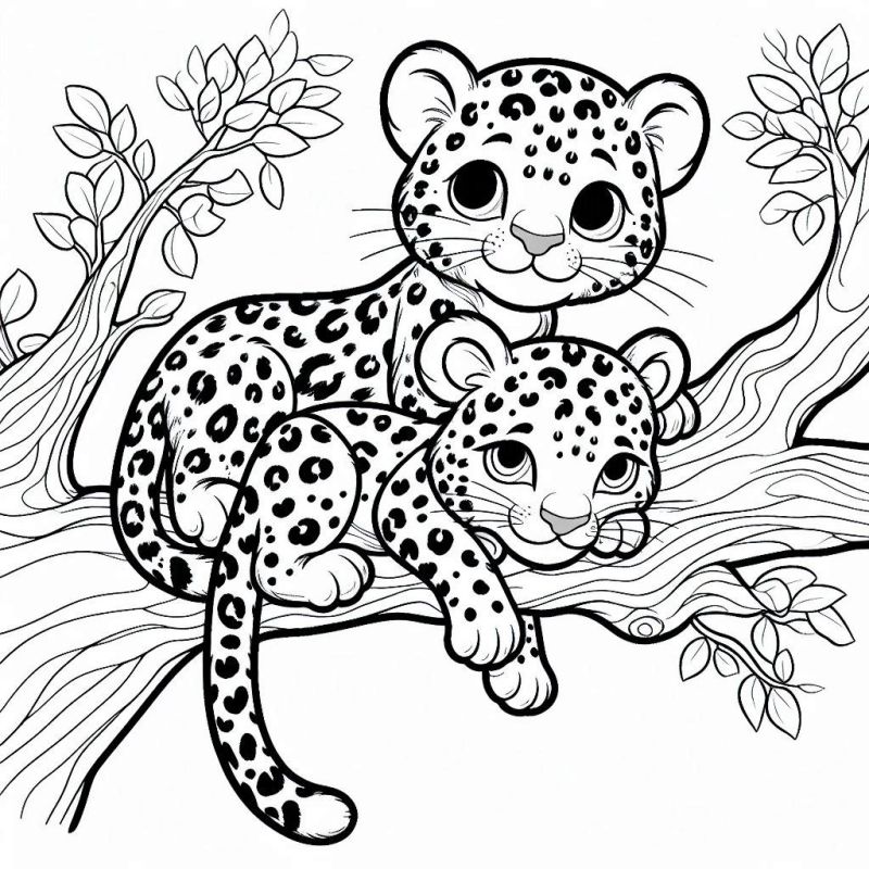 Filhotes de leopardo para colorir na árvore