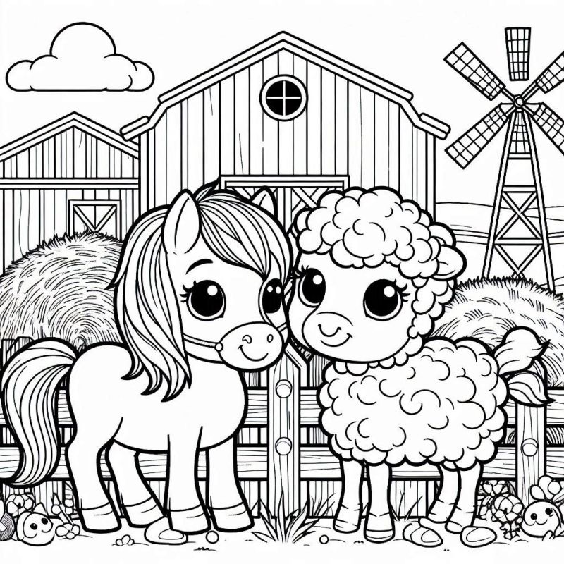 Desenho de fazenda com cavalo e ovelha para colorir