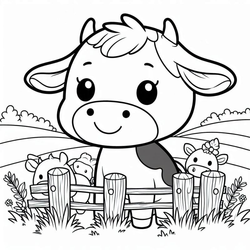 Desenho de Vaca Amigável com Cerca de Madeira para Colorir